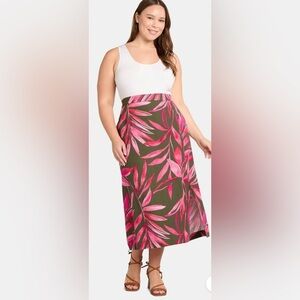 Women's Hawaiian Tropical Print Linen-Blend Slip Skirt with Side Slit, Size XL